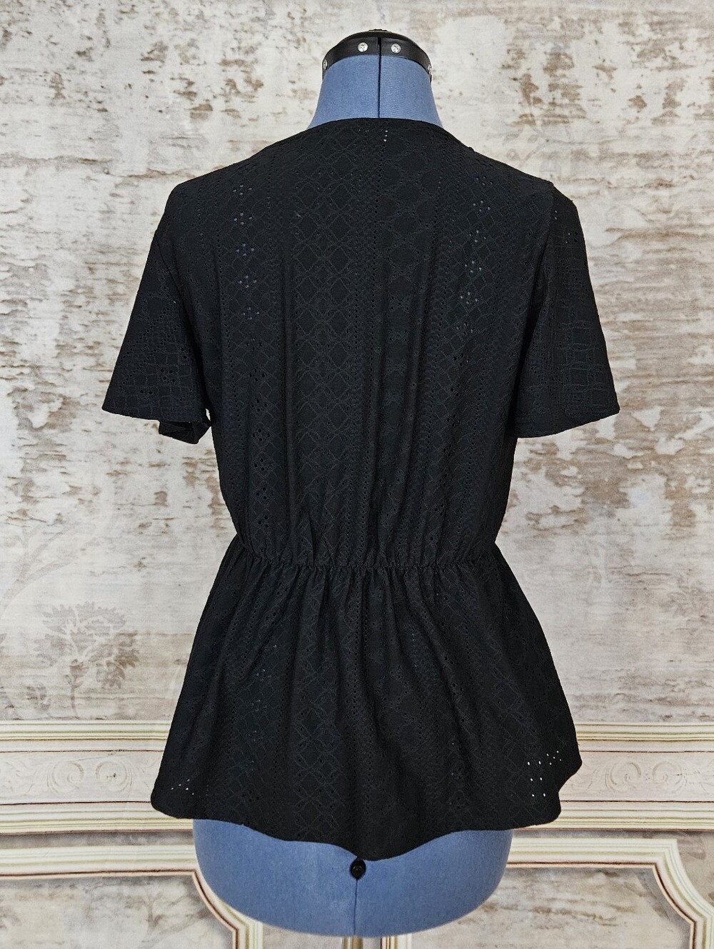 Grace Karin S Black Wrap Eyelet Peplum Blouse Flutter Sleeve S - Picture 5 of 8